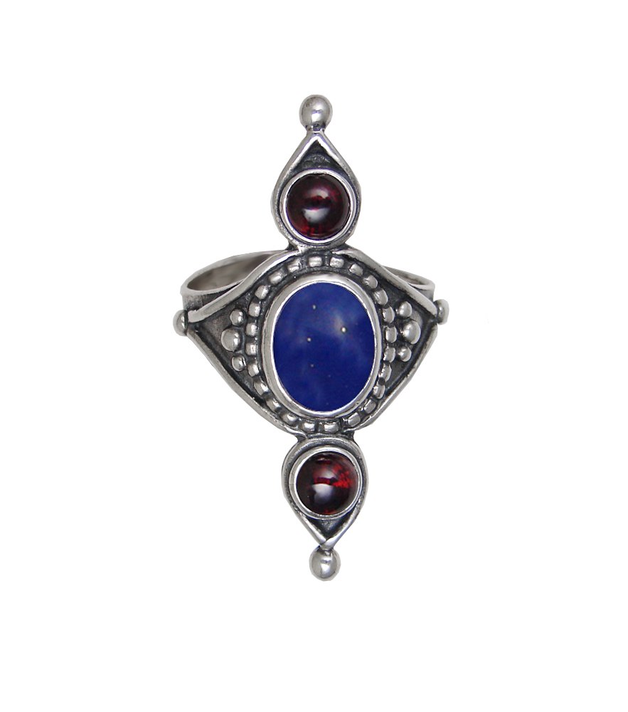Sterling Silver Royal Ring With Lapis Lazuli And Garnet Size 9
